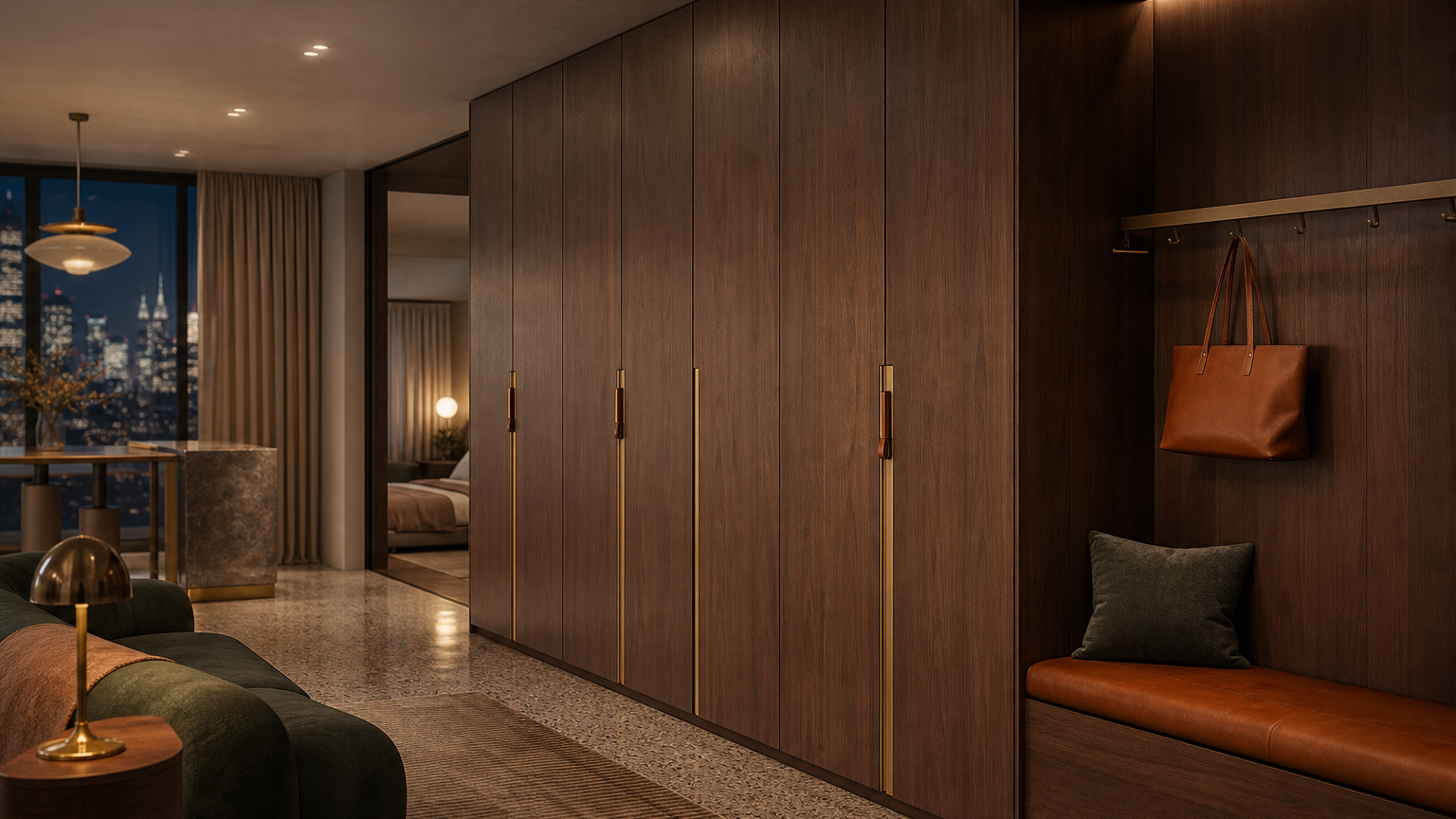 Fadior Eclipse Wardrobe Suite with Shadow Rail Valet Wall — lifestyle setting with natural light and residential styling
