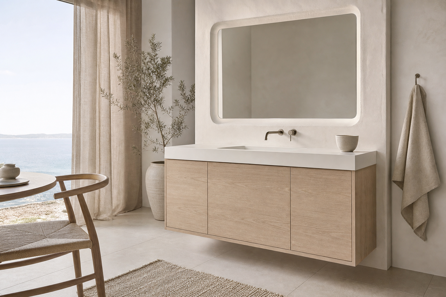 Fadior Voyage Bath Bathroom Suite with Clarity Basin Vanity — lifestyle setting with natural light and residential styling