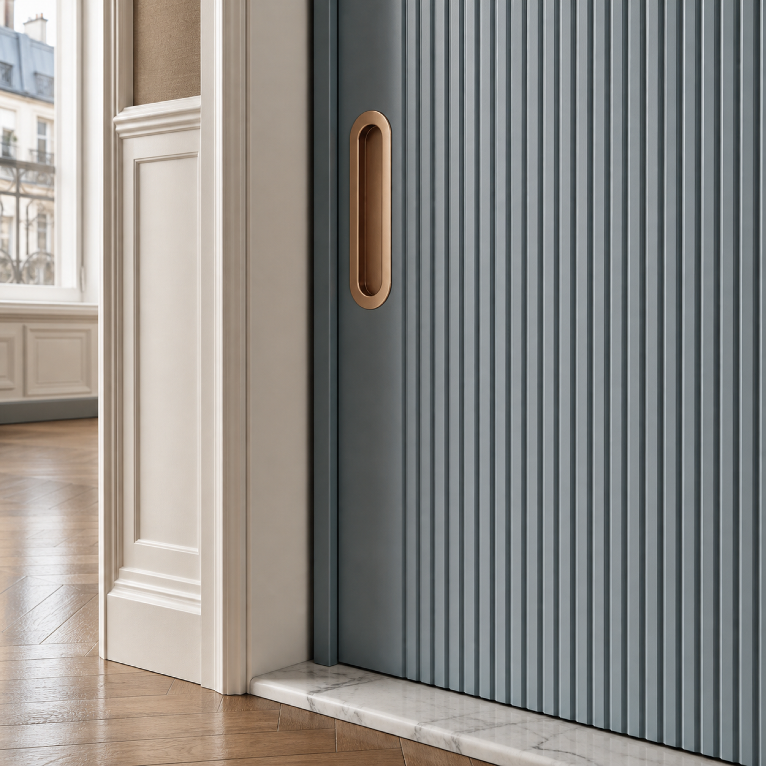 Fadior Silhouette Interior Door Suite with Reeded Slate Pocket Door — close-up of stainless steel finish and hardware detail