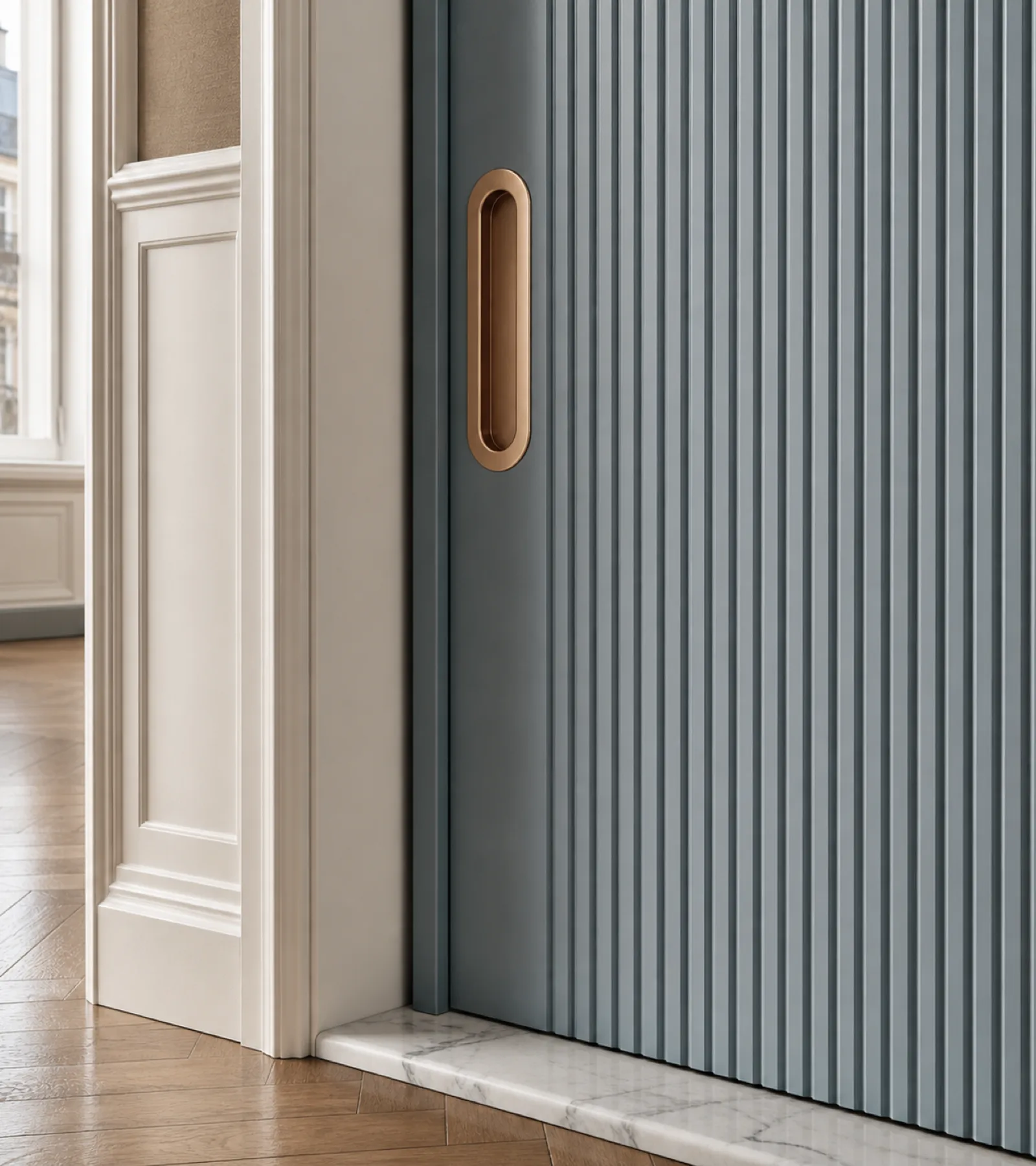 Suite de Puerta Interior Silhouette con Puerta Corredera de Pizarra Estriada acabado y detalle