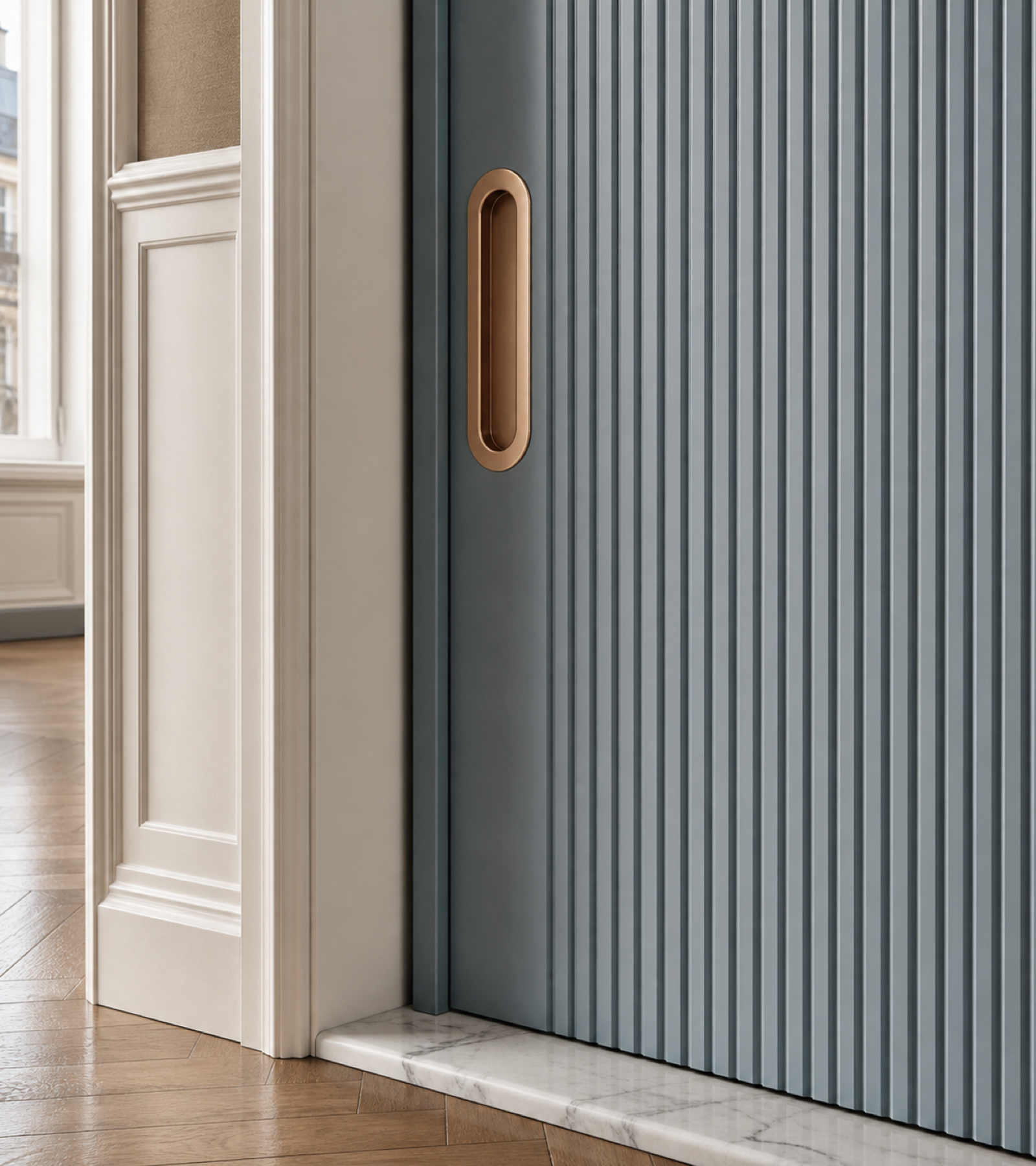 Fadior Silhouette Interior Door Suite with Reeded Slate Pocket Door — close-up of stainless steel finish and hardware detail