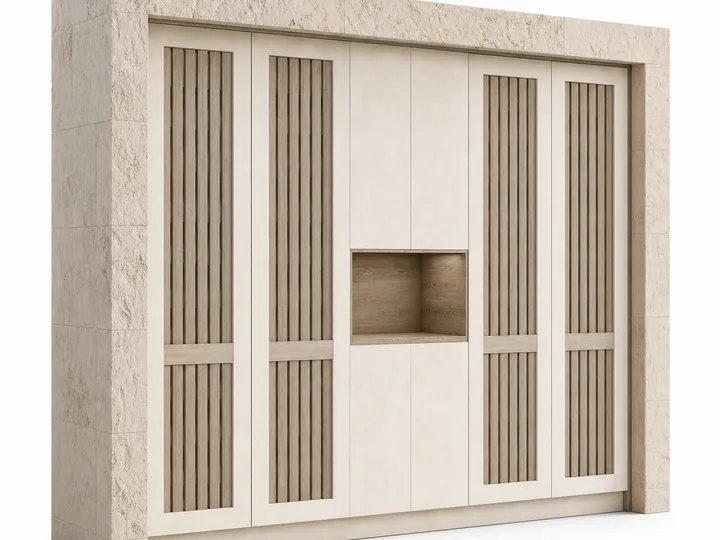 Fadior Grotto Wine Cabinet Suite with Moonstone Chilled Larder Wall — 304 stainless steel wine cabinet system, front view