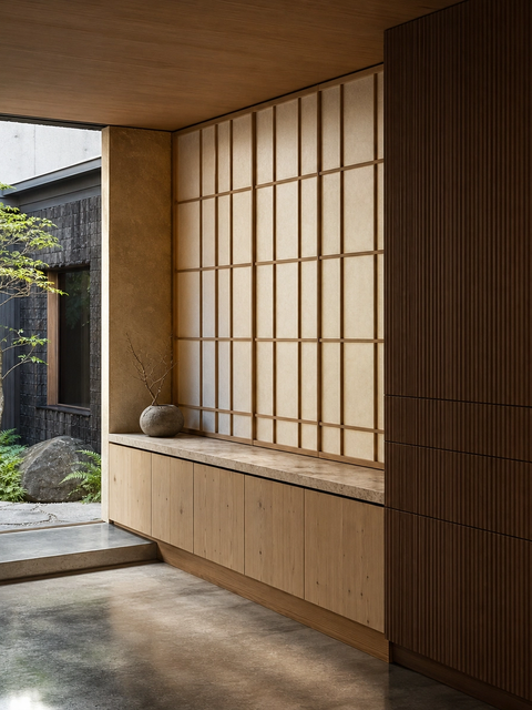 Fadior Loggia Entryway Suite with Ribbed Walnut Foyer Archive — 304 stainless steel entryway system, front view