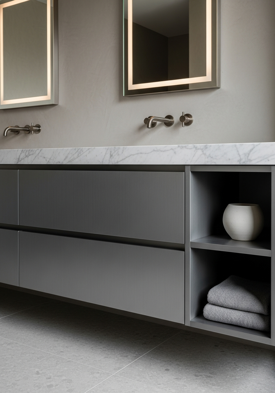 Fadior Acqua Bath and Vanity Suite — close-up of stainless steel finish and hardware detail