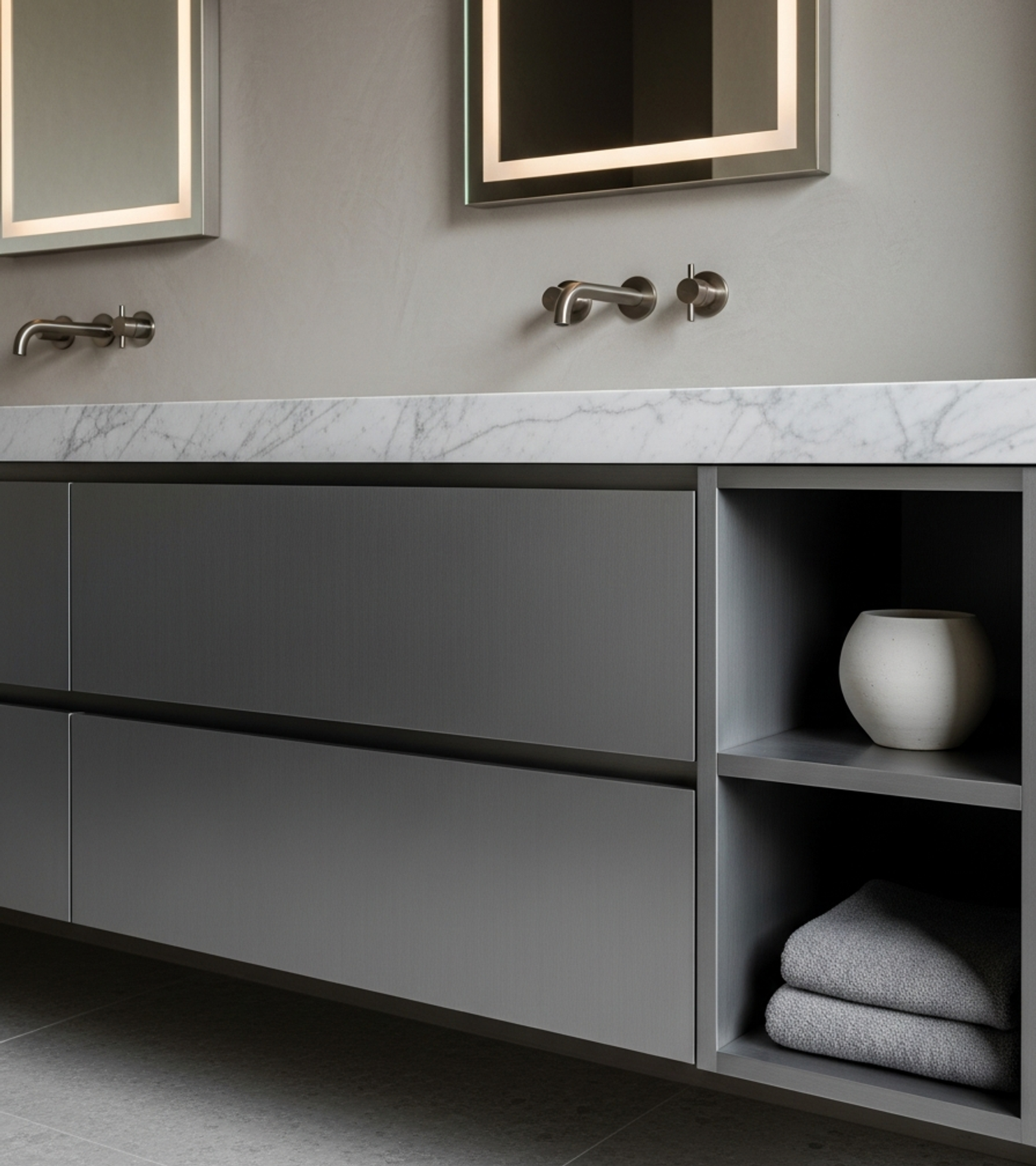 Fadior Acqua Bath and Vanity Suite — close-up of stainless steel finish and hardware detail