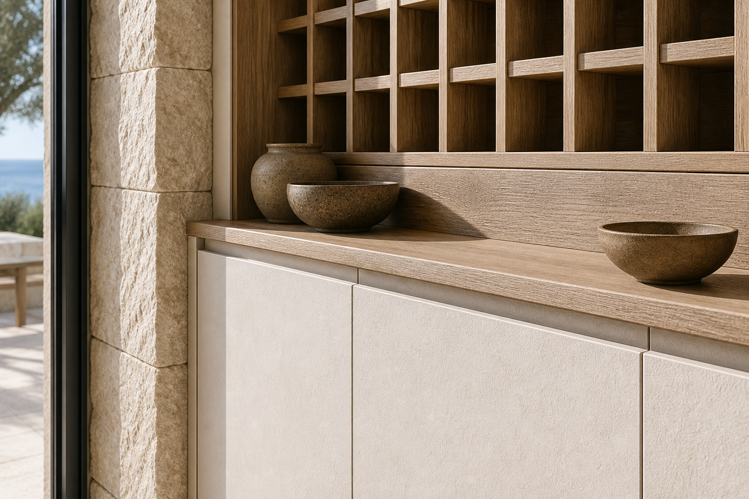 Fadior Grotto Wine Cabinet Suite with Luminous Cellar Service Bar — close-up of stainless steel finish and hardware detail