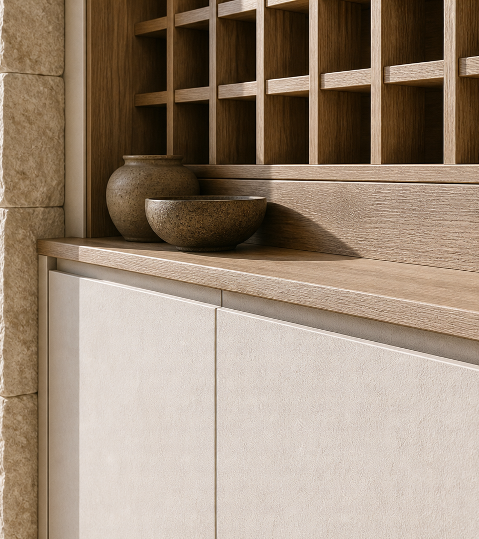 Fadior Grotto Wine Cabinet Suite with Luminous Cellar Service Bar — close-up of stainless steel finish and hardware detail