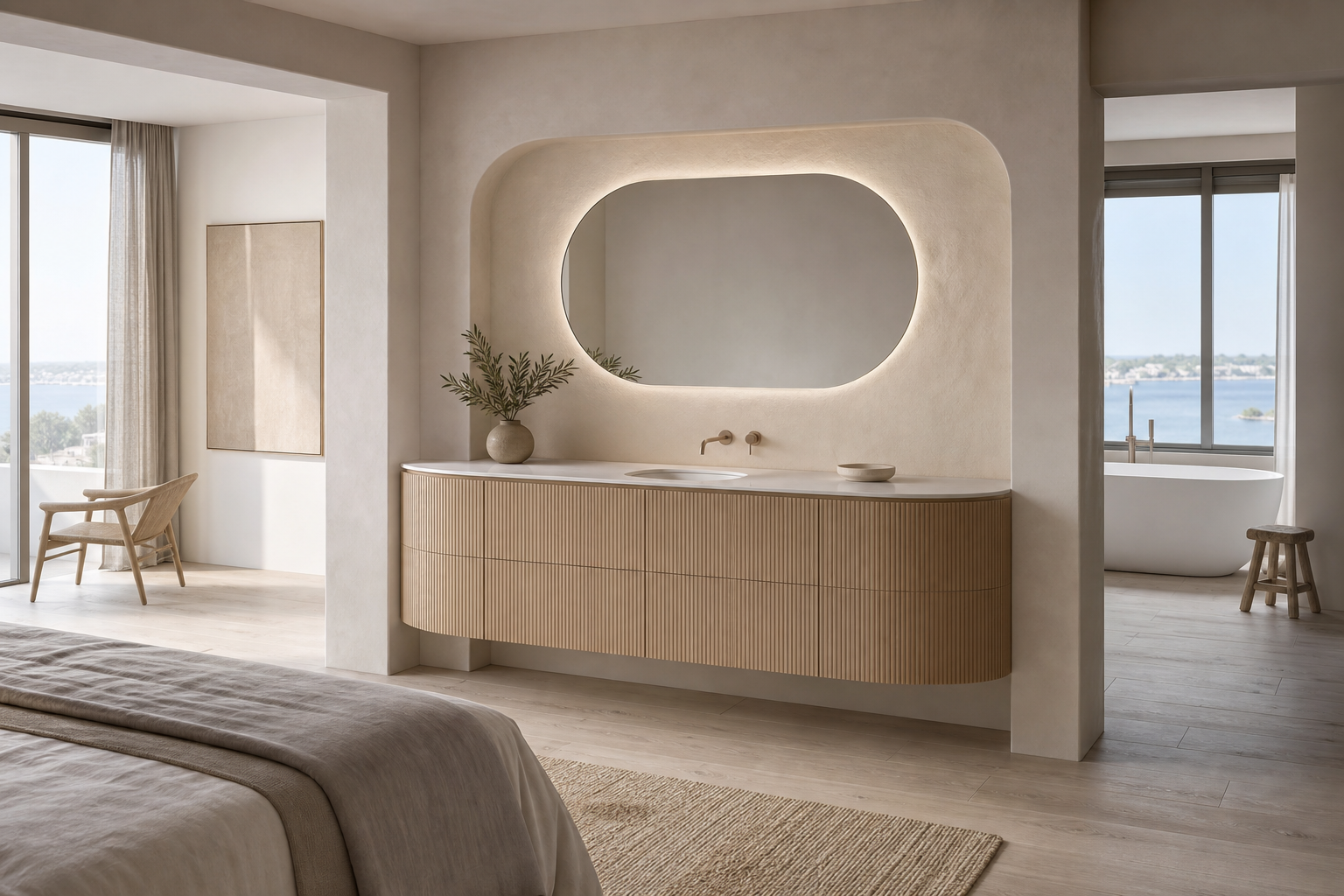 Fadior Solstice Bath and Vanity Suite with Ribbed Crescent Vanity Wall — interior room context showing cabinet integration