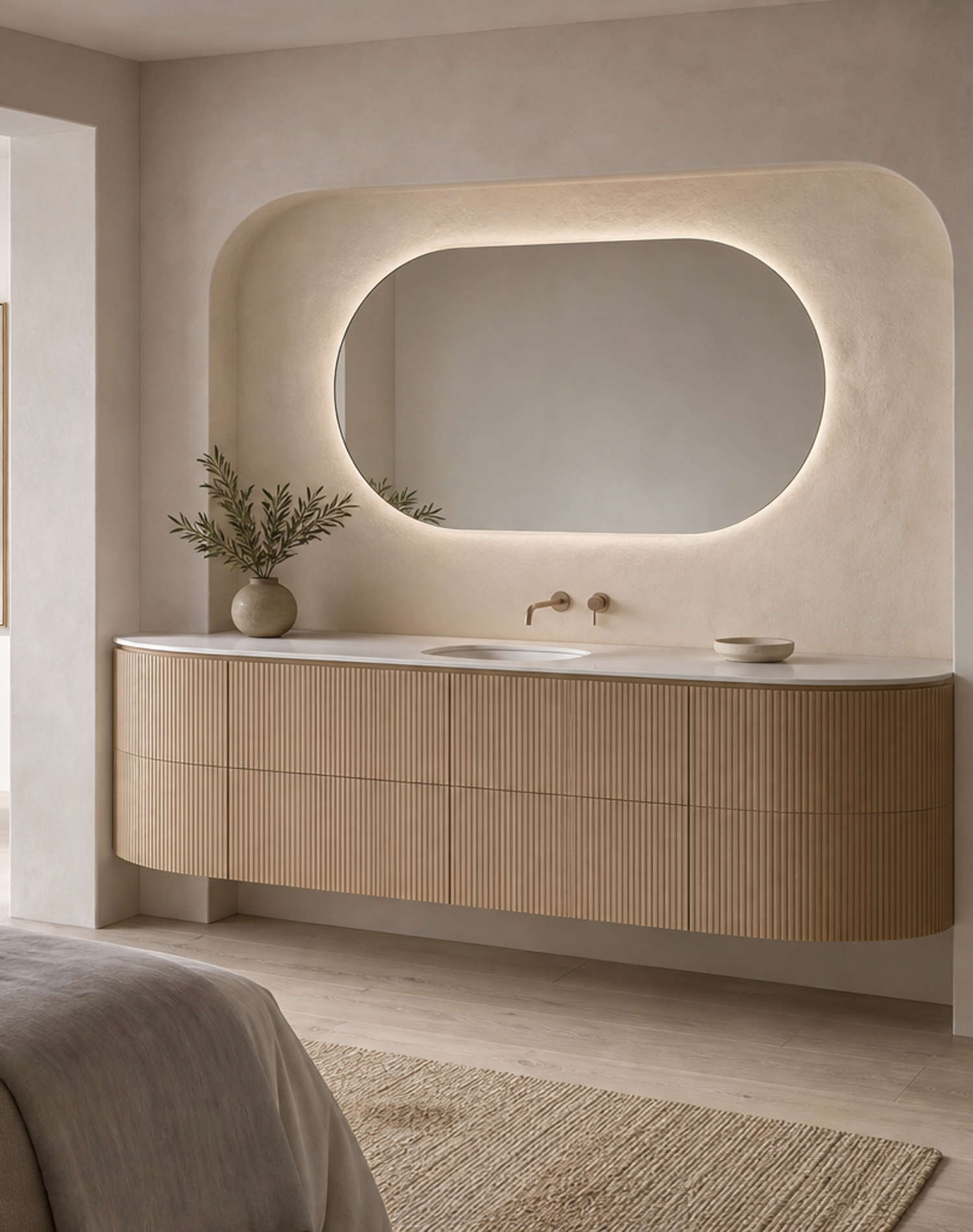 Fadior Solstice Bath and Vanity Suite with Ribbed Crescent Vanity Wall — interior room context showing cabinet integration