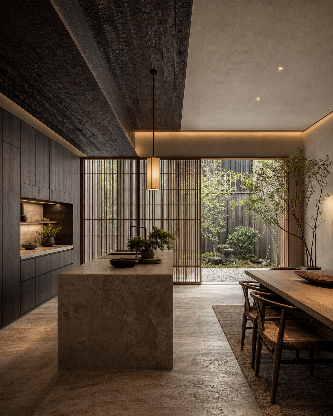 Fadior Osaka 650 sqm Kitchen Villa - island, cabinet wall, wood lattice, courtyard garden — 304 stainless steel cabinetry installation by Fa