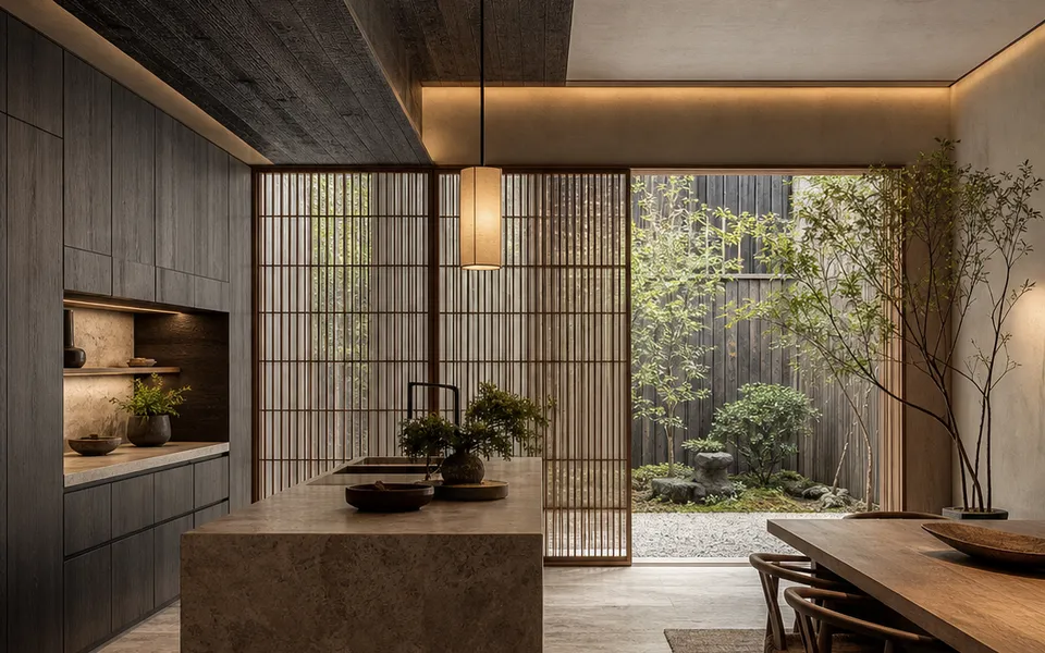 Fadior Osaka 650 sqm Kitchen Villa - island, cabinet wall, wood lattice, courtyard garden — 304 stainless steel cabinetry installation by Fadior