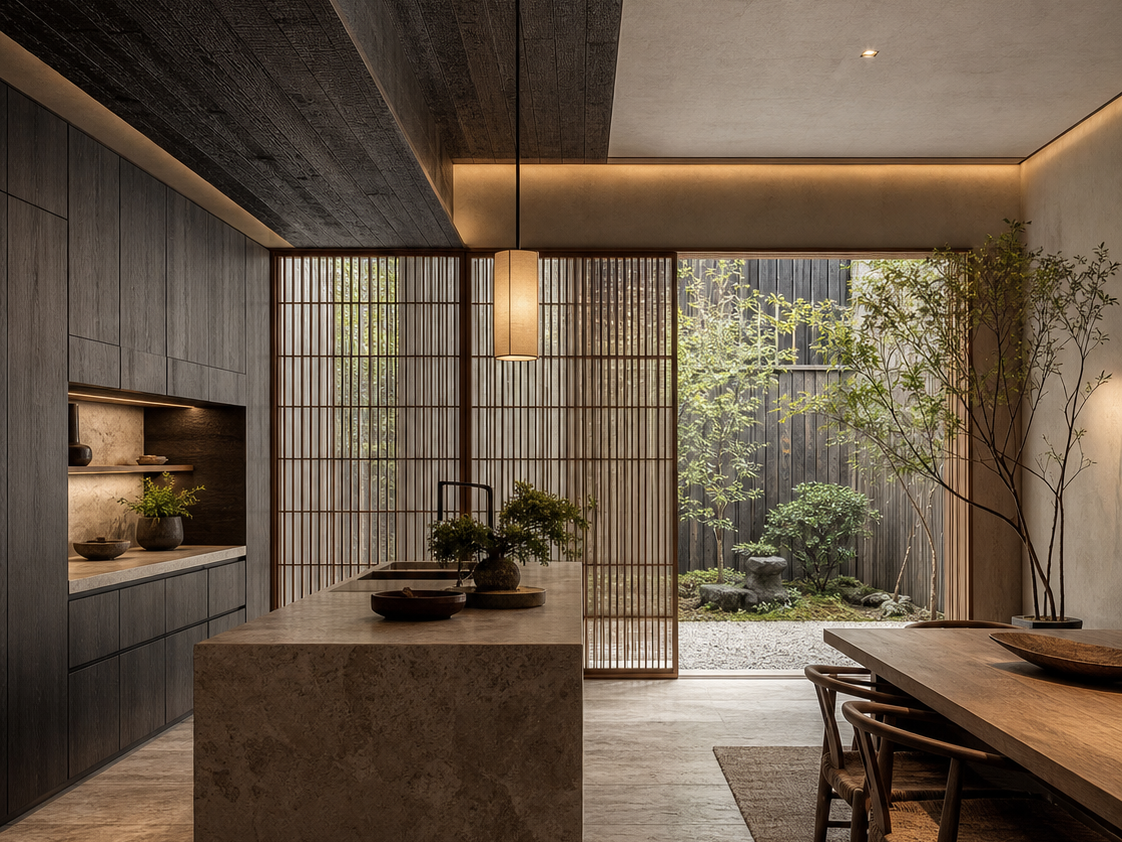 Fadior Osaka 650 sqm Kitchen Villa - island, cabinet wall, wood lattice, courtyard garden — 304 stainless steel cabinetry installation by Fadior