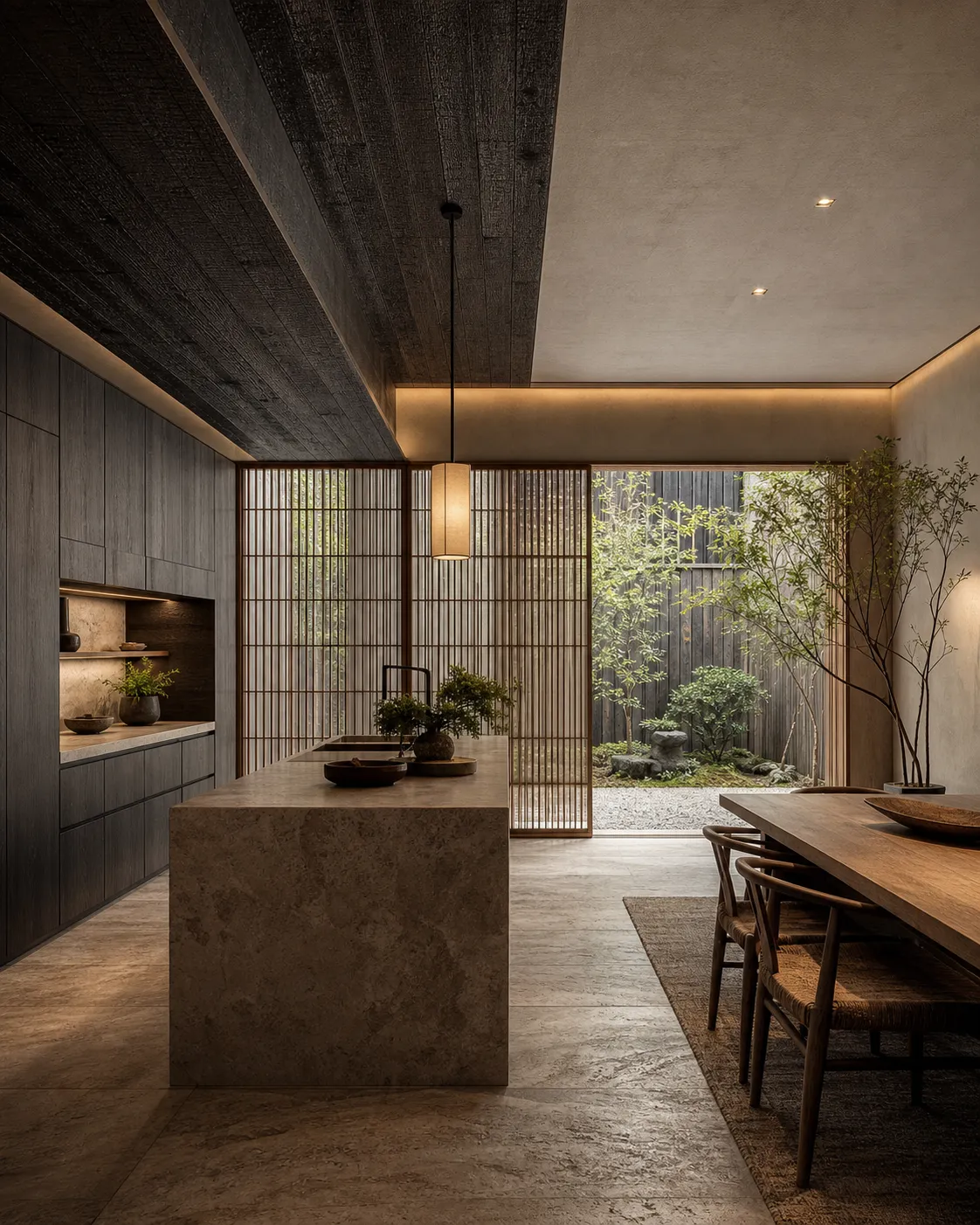 Fadior Osaka 650 sqm Kitchen Villa - island, cabinet wall, wood lattice, courtyard garden — 304 stainless steel cabinetry installation by Fa