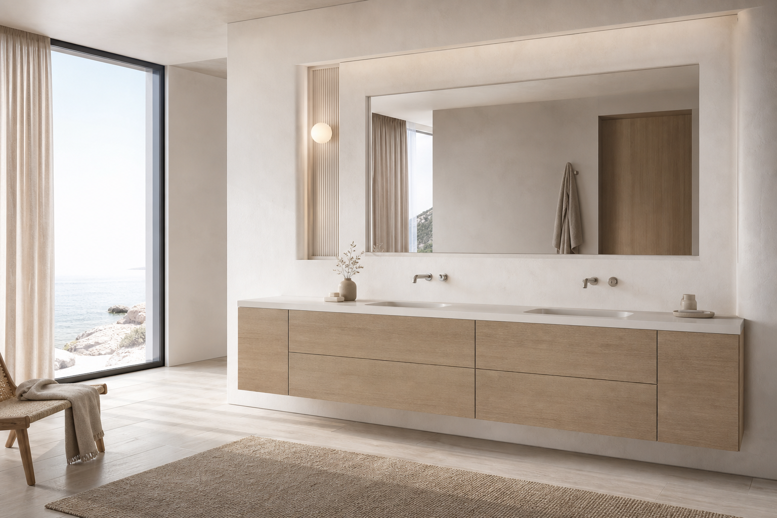 Fadior Verve Bath and Vanity Suite with Pearl Slot Grooming Arcade — interior room context showing cabinet integration