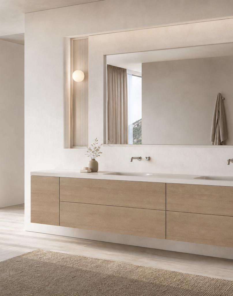 Fadior Verve Bath and Vanity Suite with Pearl Slot Grooming Arcade — interior room context showing cabinet integration