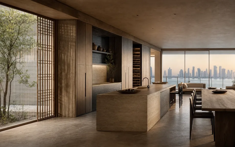 Fadior Doha Skyline Penthouse — Doha island, dining table, wood lattice, skyline window, travertine floor — 304 stainless steel cabinetry installation by Fadior