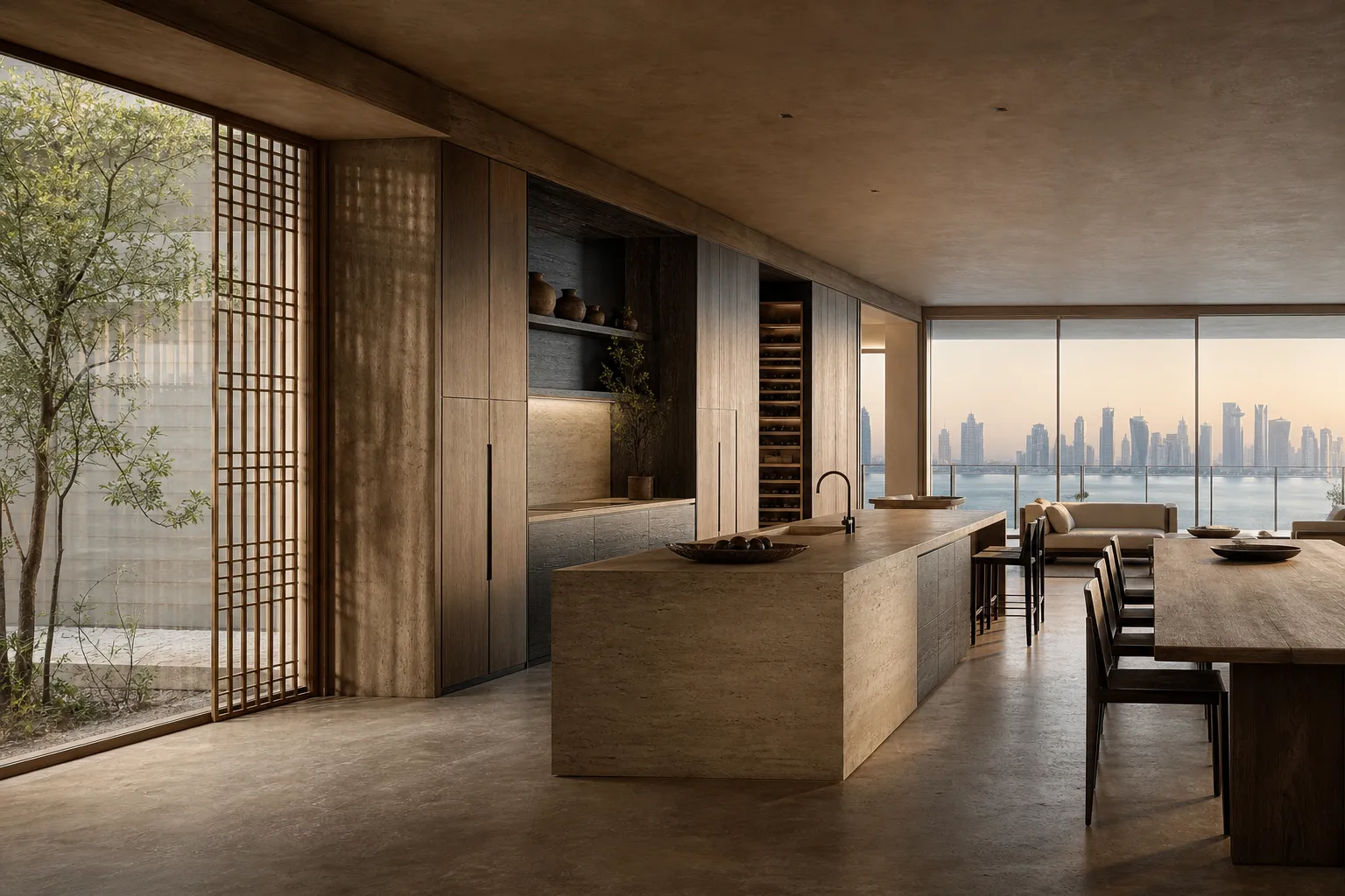 Ático Penthouse Fadior en Doha Skyline — isla de Doha, mesa de comedor, celosía de madera, ventana con vistas, suelo de travertino — carpintería de cocina de acero inoxidable 304