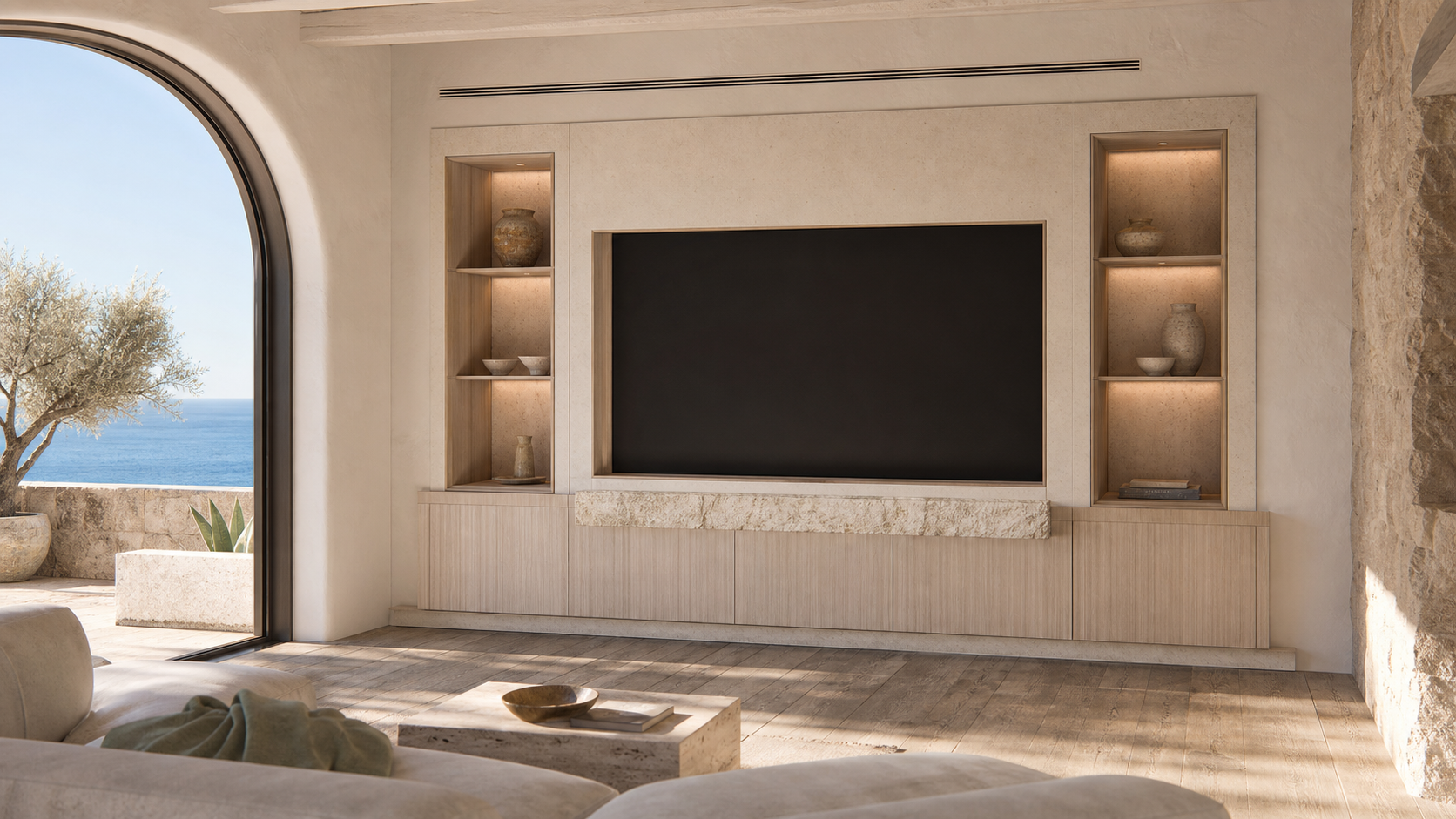 Fadior Veneto Living Room Suite with Travertine Gallery Media Wall — lifestyle setting with natural light and residential
