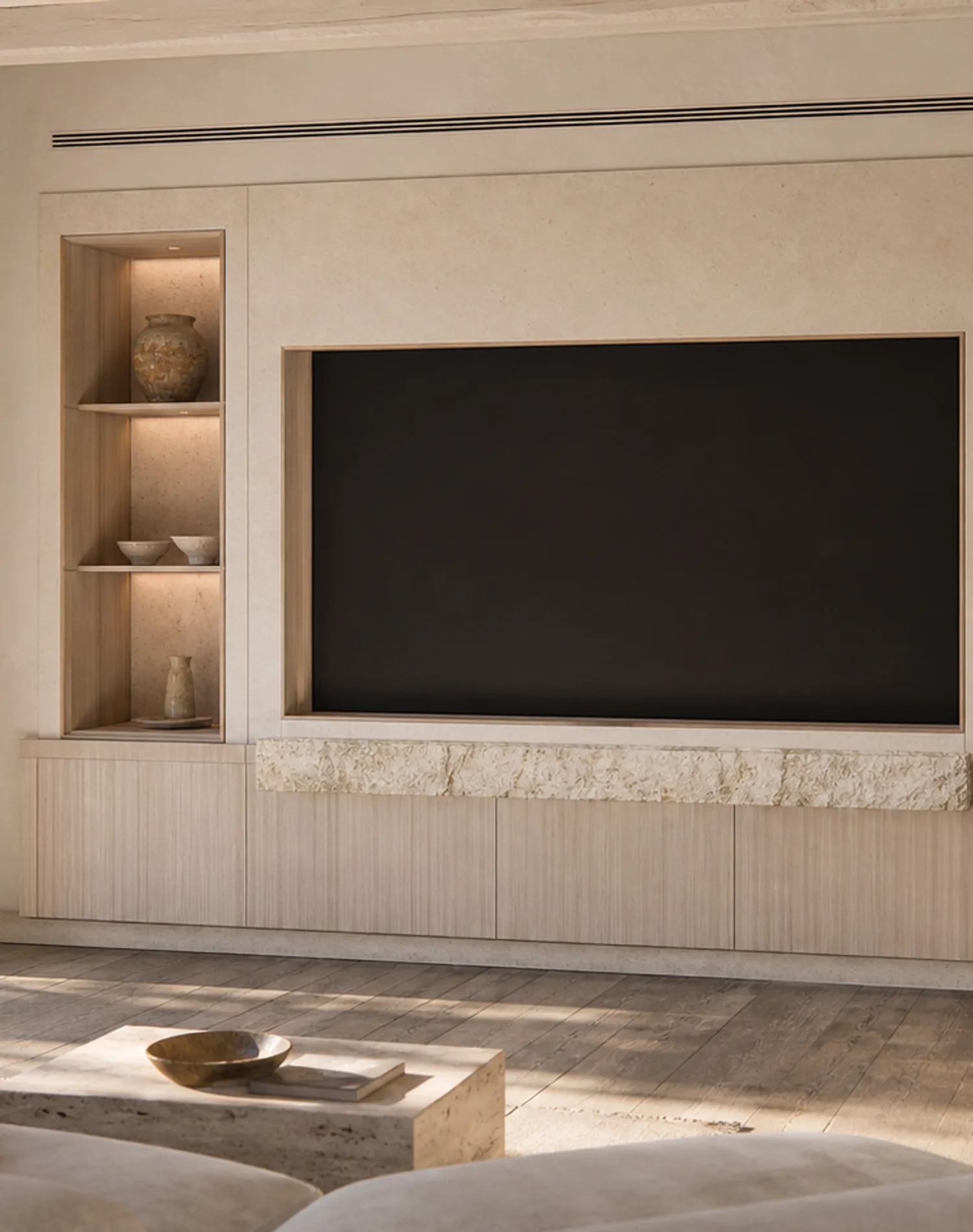 Suite de salón Veneto con muro multimedia de galería de travertino estudio de adaptación