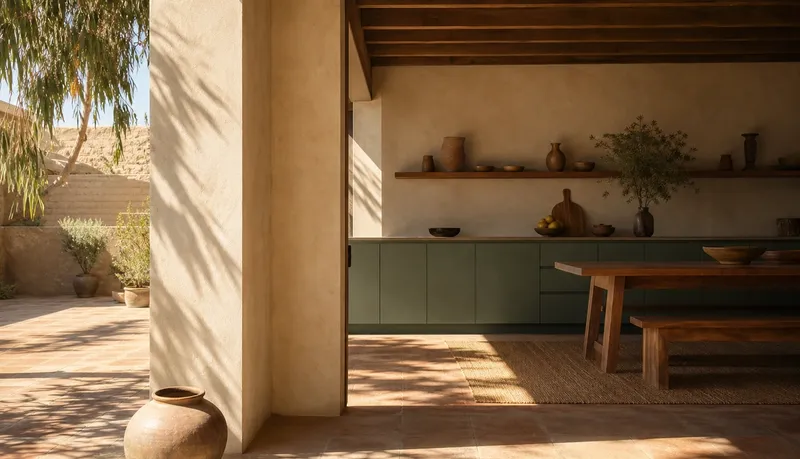 Villa kitchen atmosphere with lime-washed clay walls and jade cabinetry for healthy material decisions. — 304 stainless steel cabinetry editorial by Fadior