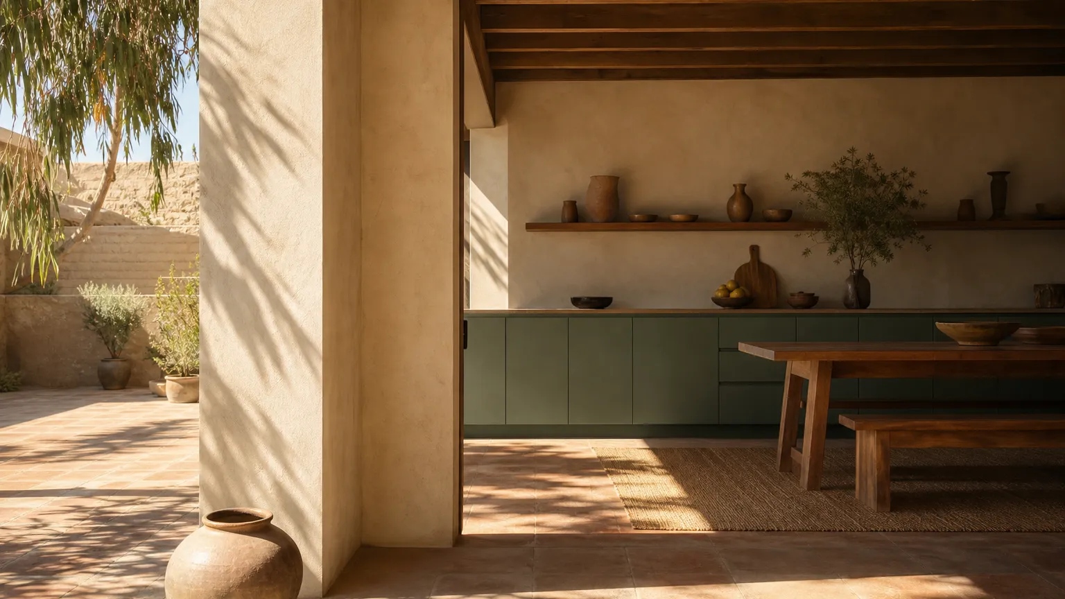 Villa kitchen atmosphere with lime-washed clay walls and jade cabinetry for healthy material decisions.