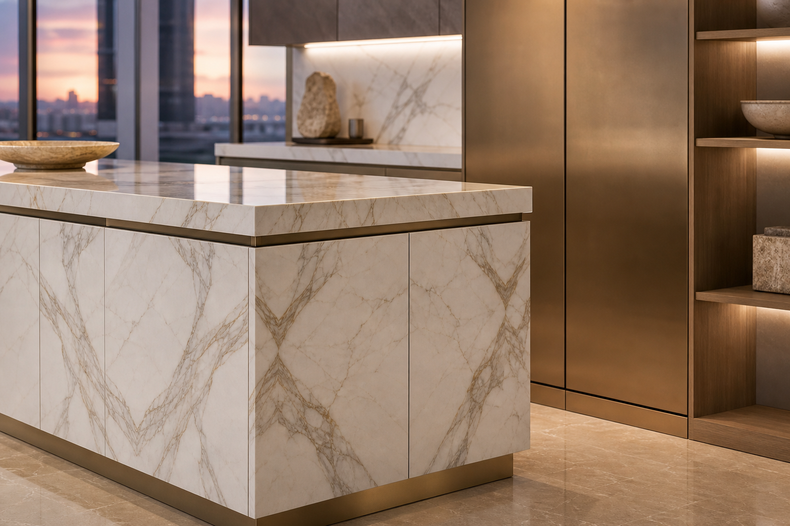 Fadior Pavilion Champagne Marble Island Kitchen — close-up of stainless steel finish and hardware detail
