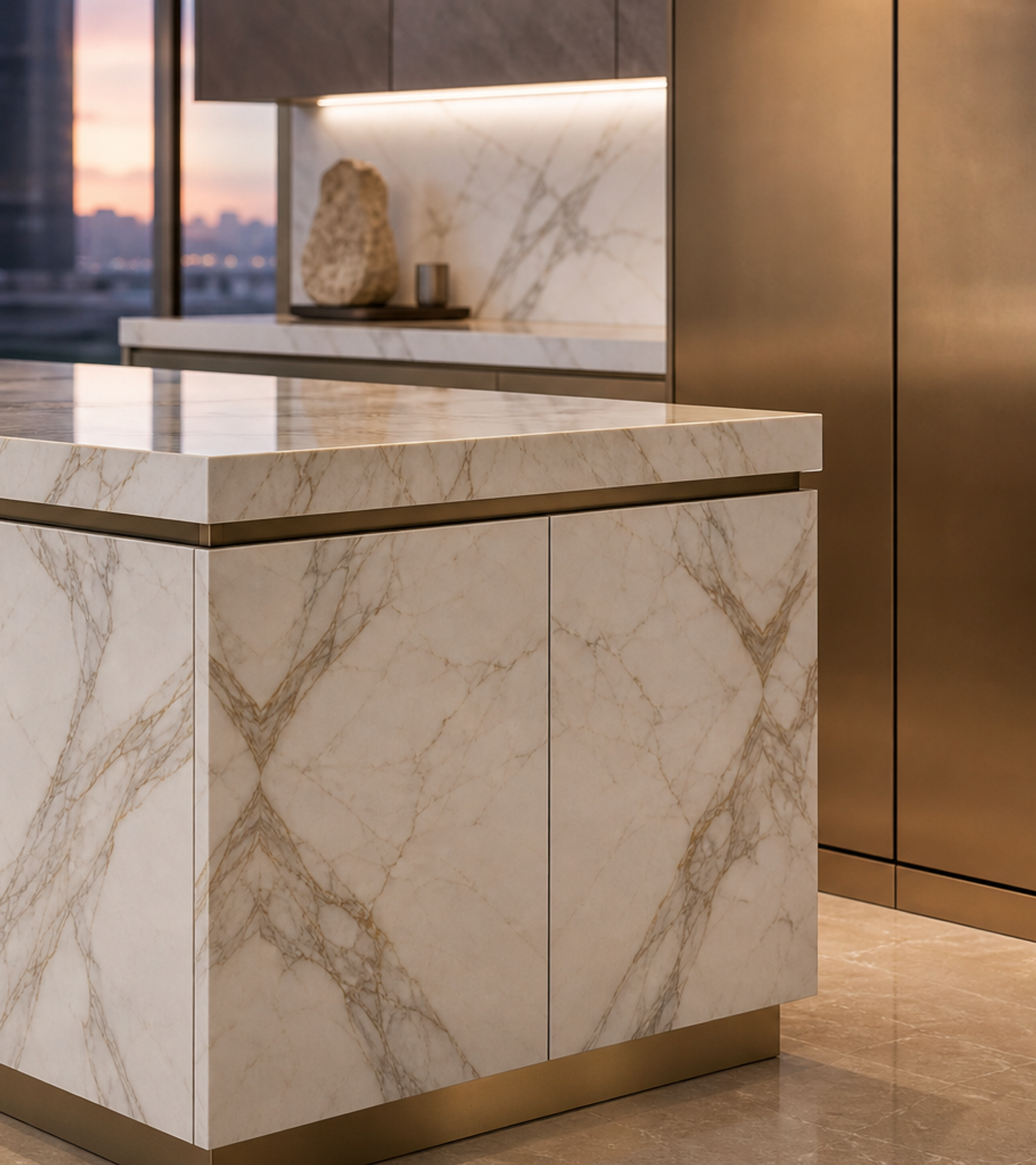 Fadior Pavilion Champagne Marble Island Kitchen — close-up of stainless steel finish and hardware detail