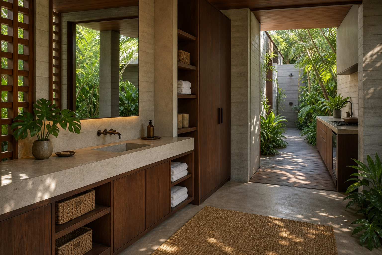 Fadior Singapore Garden Courtyard Villa — Singapore vanity and outdoor galley threshold with stone counter, mirror, timber cabinet tower, woven baskets, towels, concrete wall, tropical plants, and kitchen run