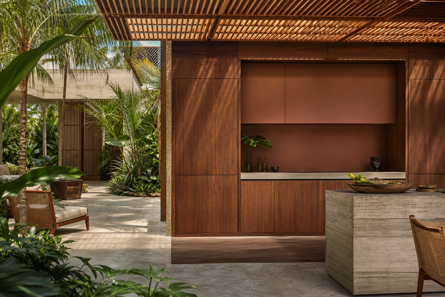Fadior Vantage Outdoor Kitchen Suite with Copper Mist Bar Alcove — interior room context showing cabinet integration