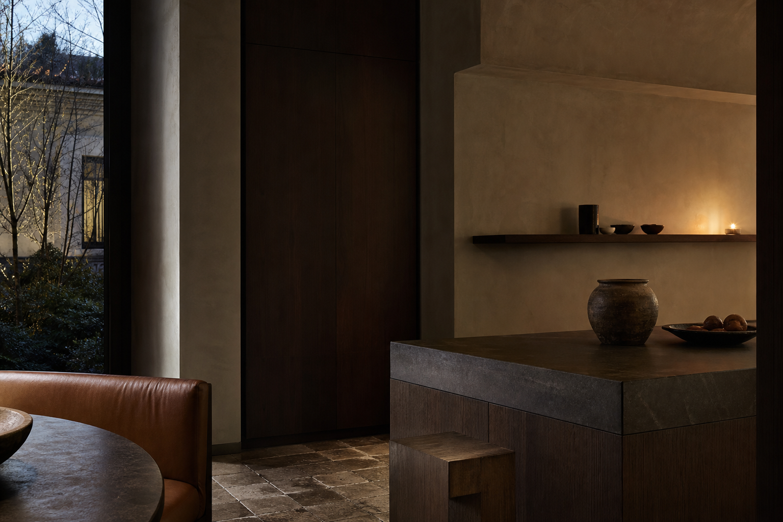 Kitchen material study with smoked oak, lime plaster, and aged tile for Milan-inspired surface mood.