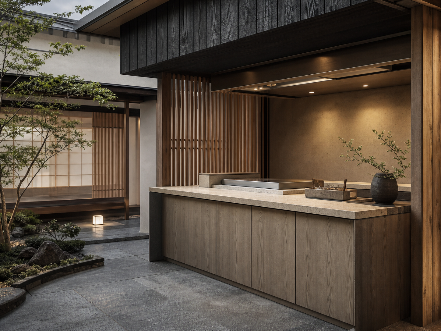 Fadior Vantage Outdoor Kitchen Suite with Jade Courtyard Teppanyaki Bar — interior room context showing cabinet integration