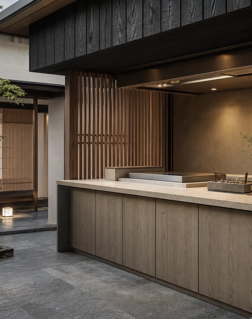 Suite de cocina exterior Vantage con barra de teppanyaki Jade Courtyard perspectiva interior