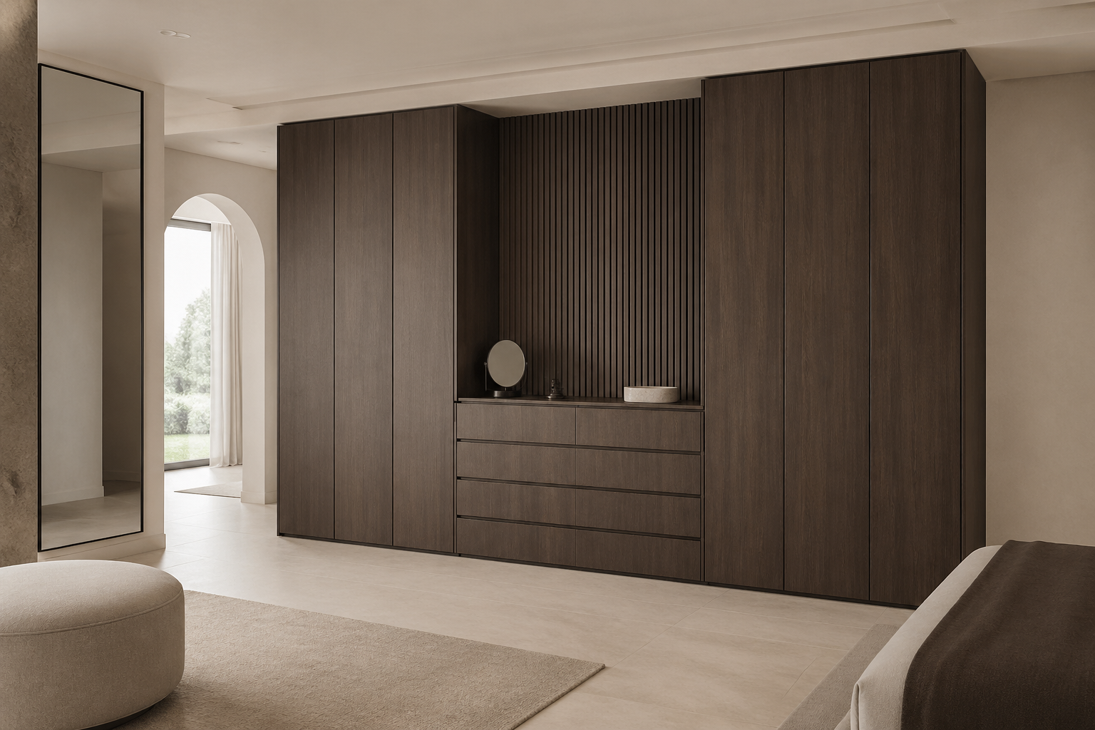 Fadior Onyx Wardrobe Suite with Monolithic Dressing Spine — interior room context showing cabinet integration
