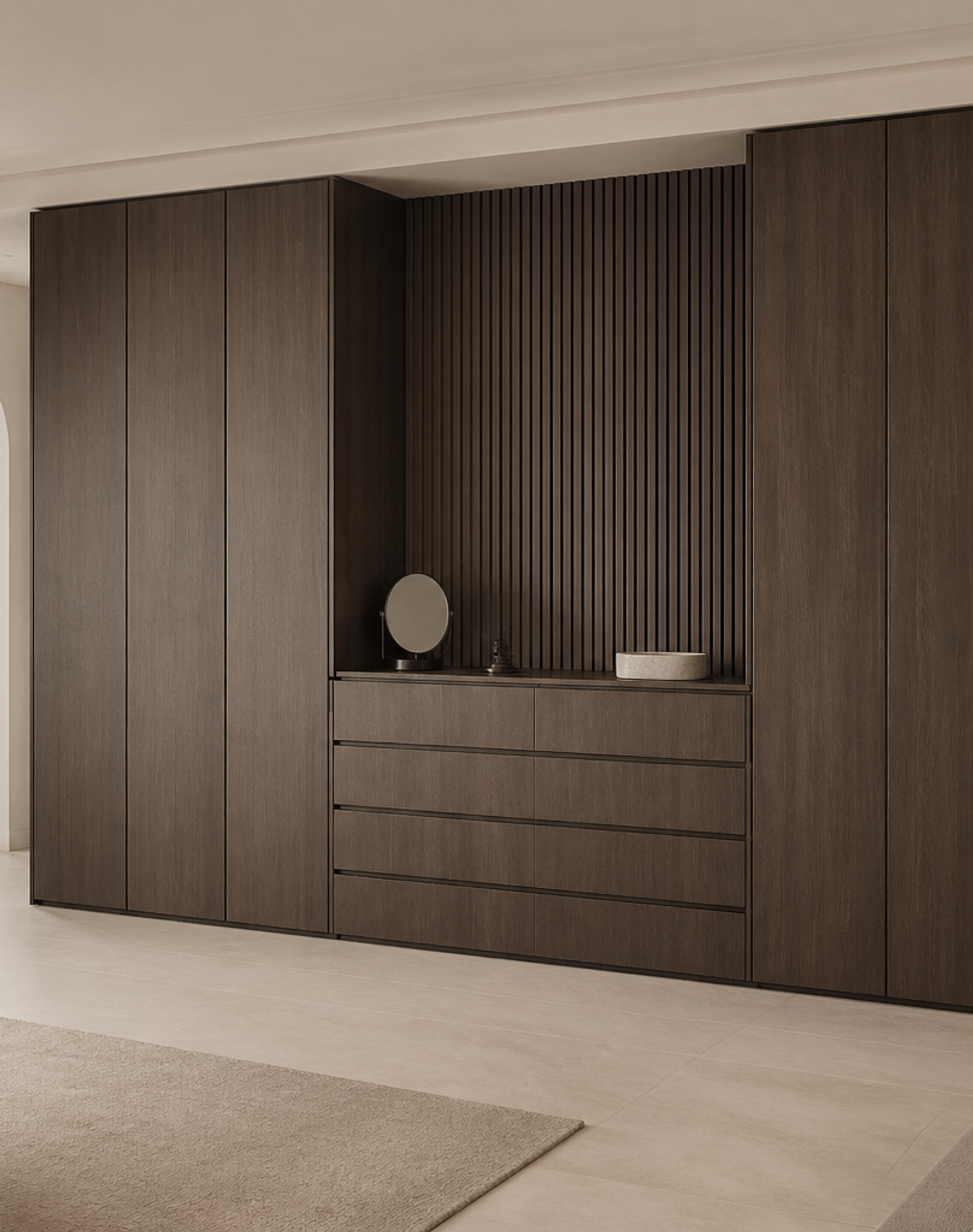 Fadior Onyx Wardrobe Suite with Monolithic Dressing Spine — interior room context showing cabinet integration