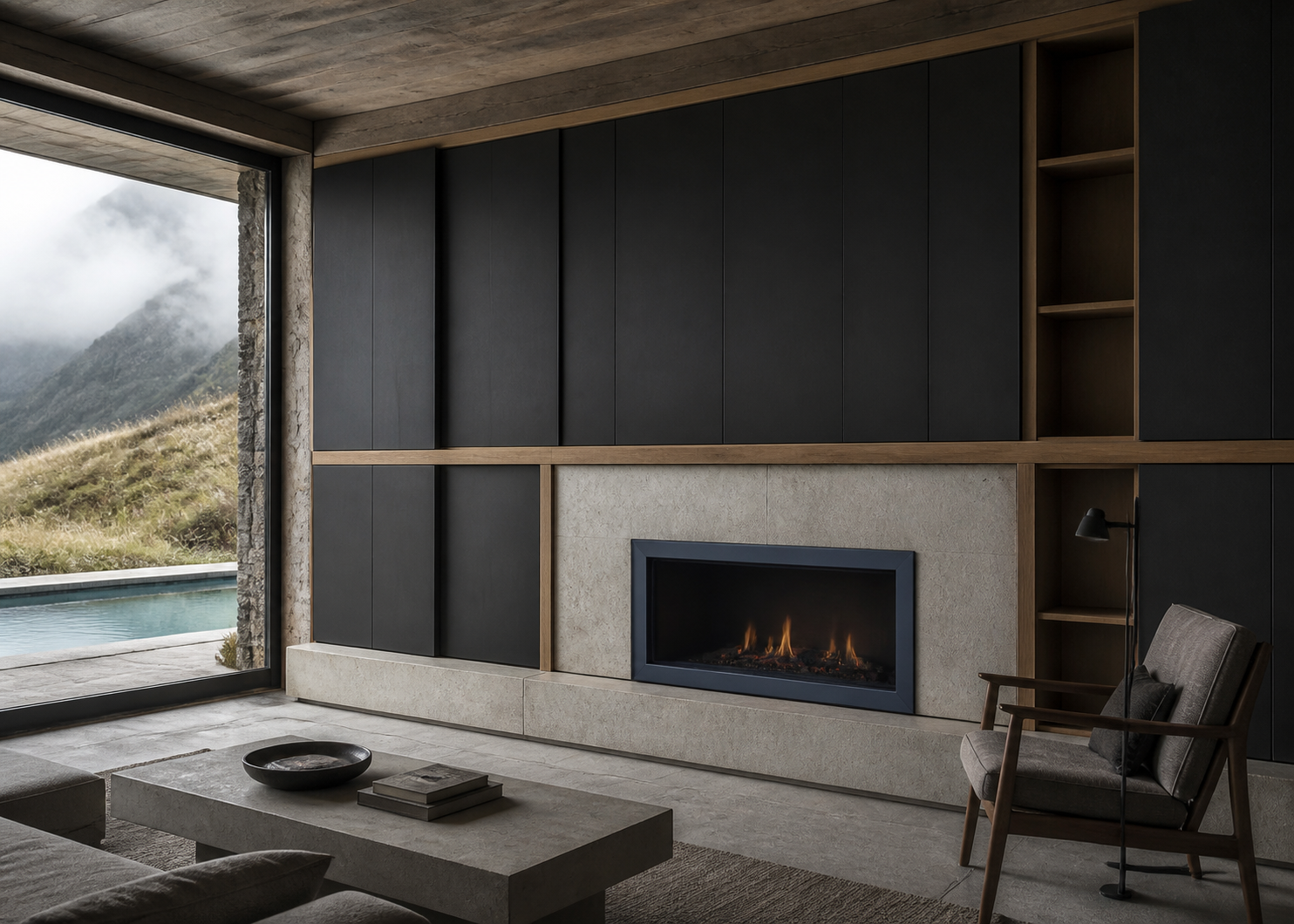 Fadior Patina Living Room Suite with Azure Frame Fireside Gallery — interior room context showing cabinet integration