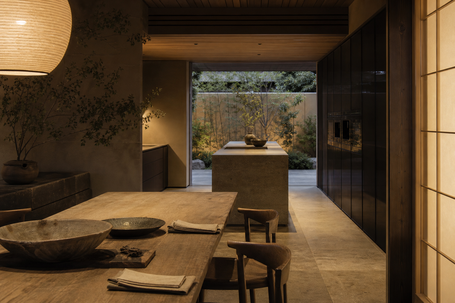 Kitchen context with raw cypress dining, dark glass appliance wall, and calm hosting atmosphere.