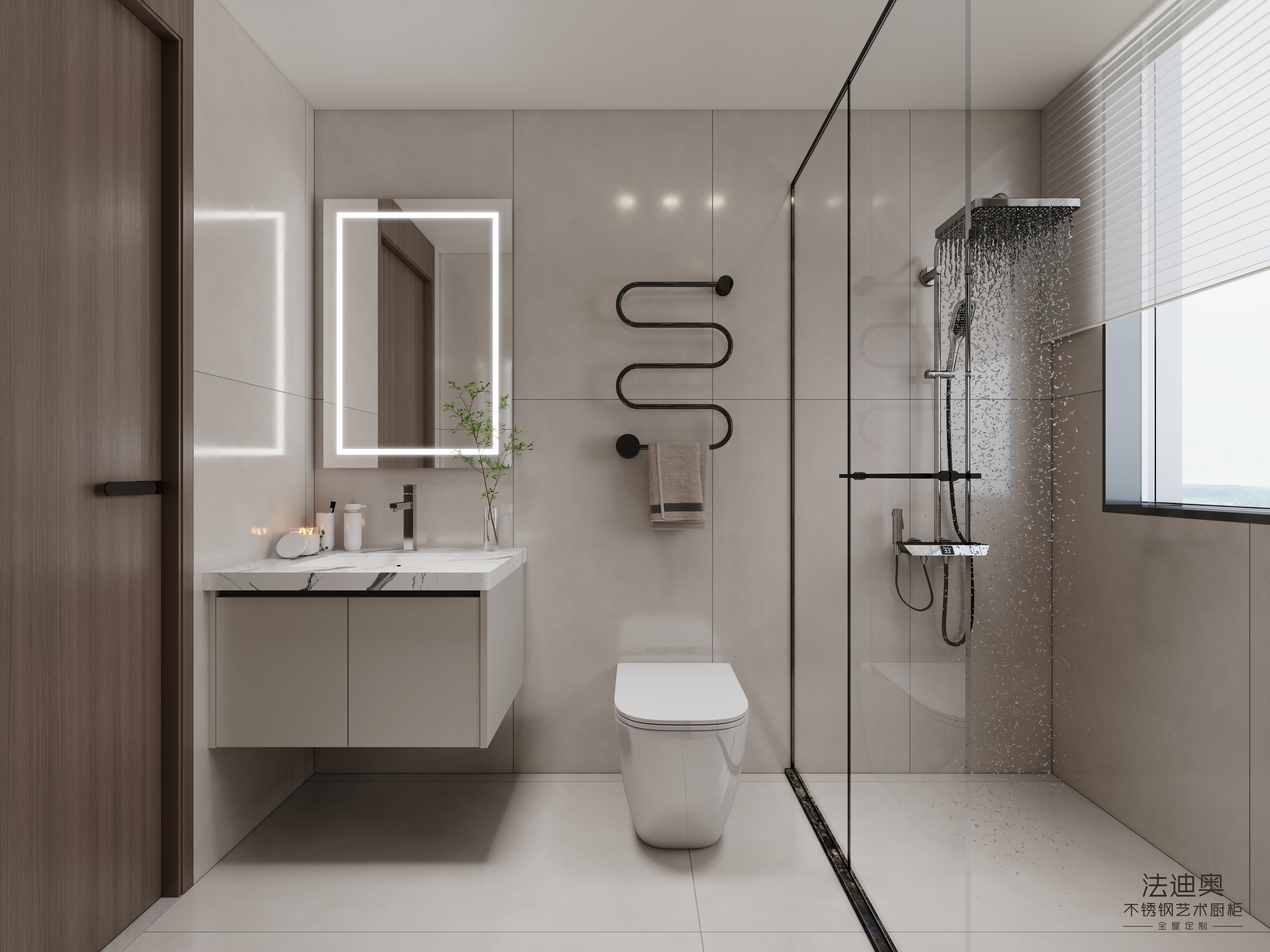Quiet Japandi oak vanity lifestyle view — 304 stainless steel cabinetry installation by Fadior