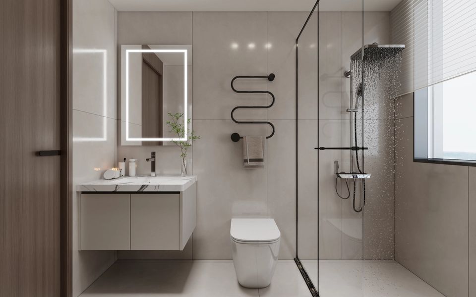 Quiet Japandi oak vanity lifestyle view — 304 stainless steel cabinetry installation by Fadior