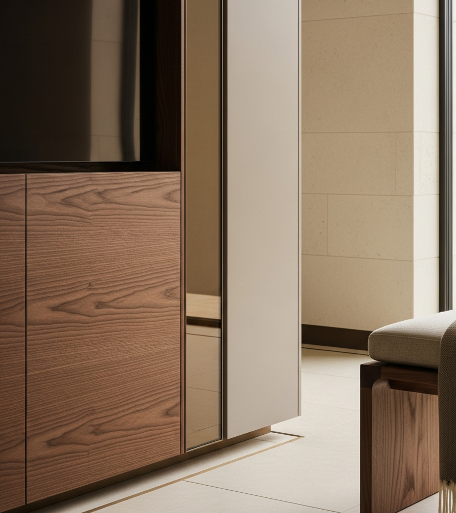 Fadior Essence Media Console — close-up of stainless steel finish and hardware detail