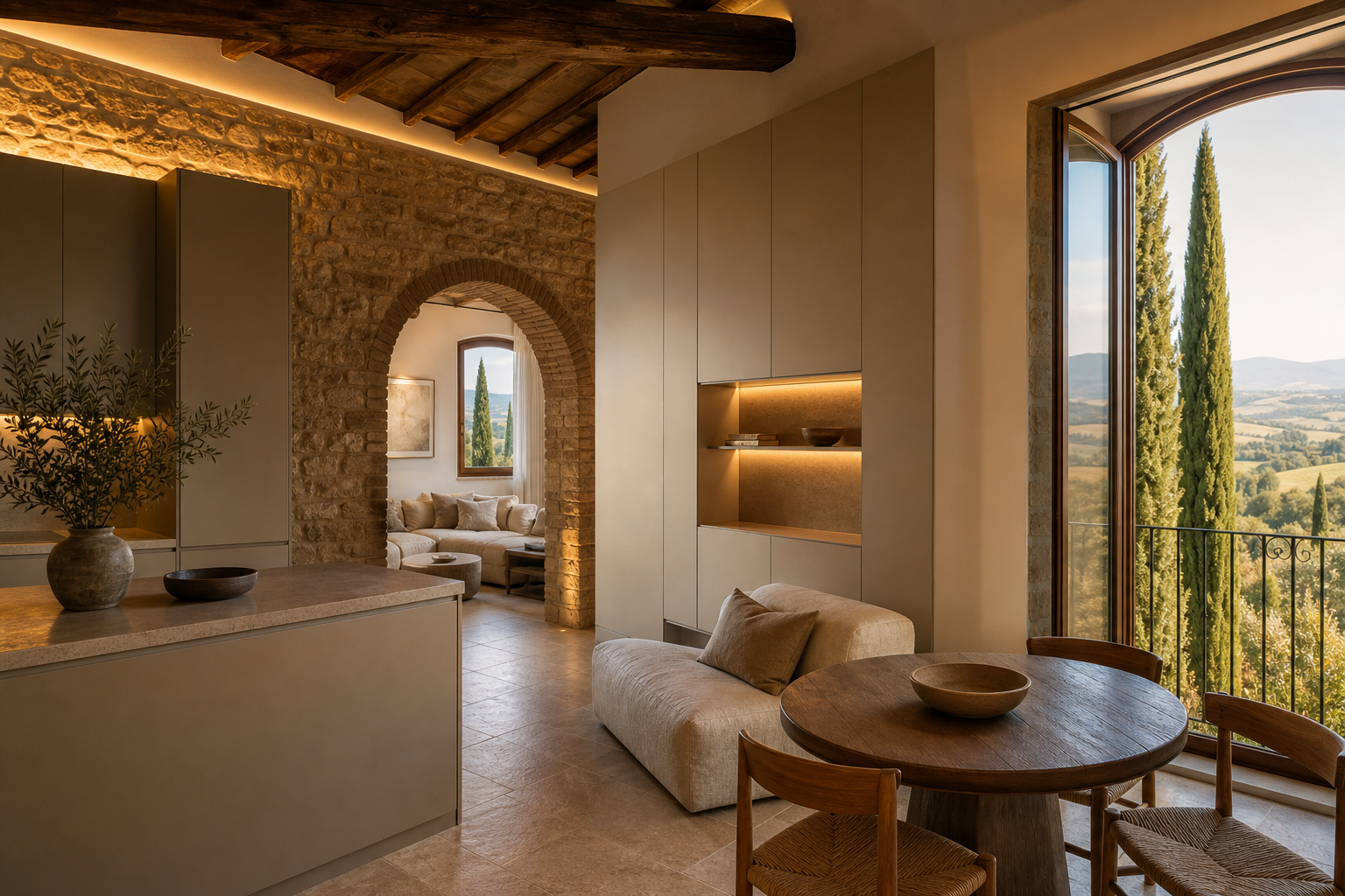 Fadior Siena Compact Residence — kitchen island, dining table, lounge chair, stone wall, timber beams, cypress balcony