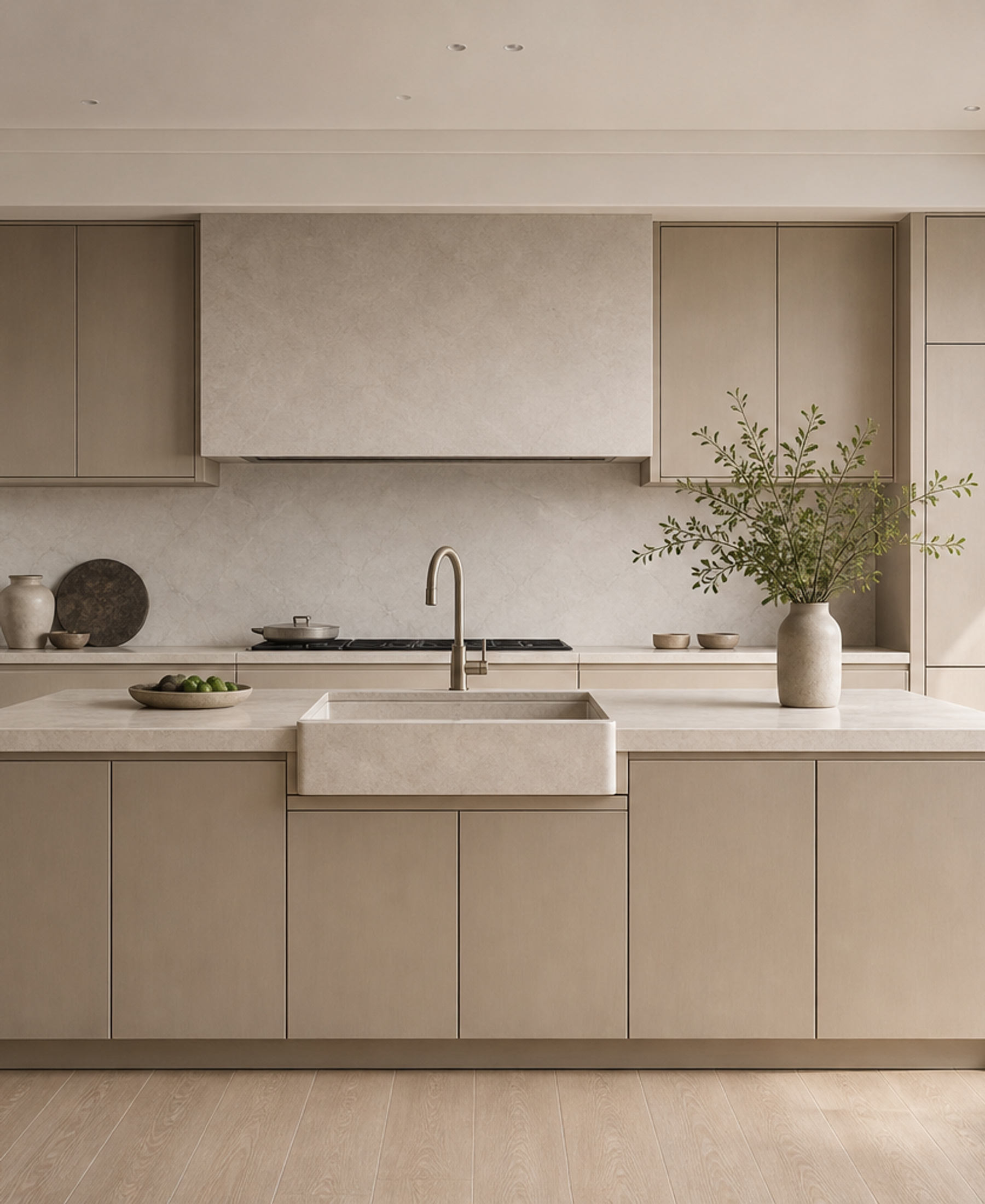 Fadior Silkstone Kitchen Suite with Apron Island Axis — 304 stainless steel kitchen system, front view