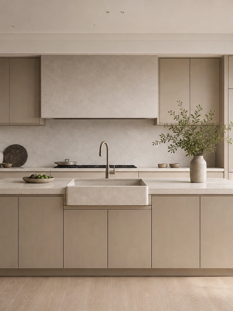 Fadior Silkstone Kitchen Suite with Apron Island Axis — 304 stainless steel kitchen system, front view