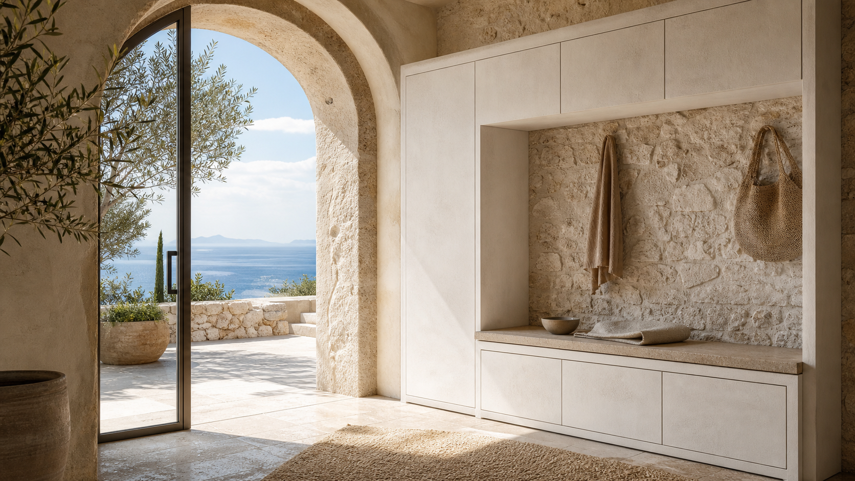 Fadior Loggia Entryway Suite with Travertine Keydrop Bench — lifestyle setting with natural light and residential styling