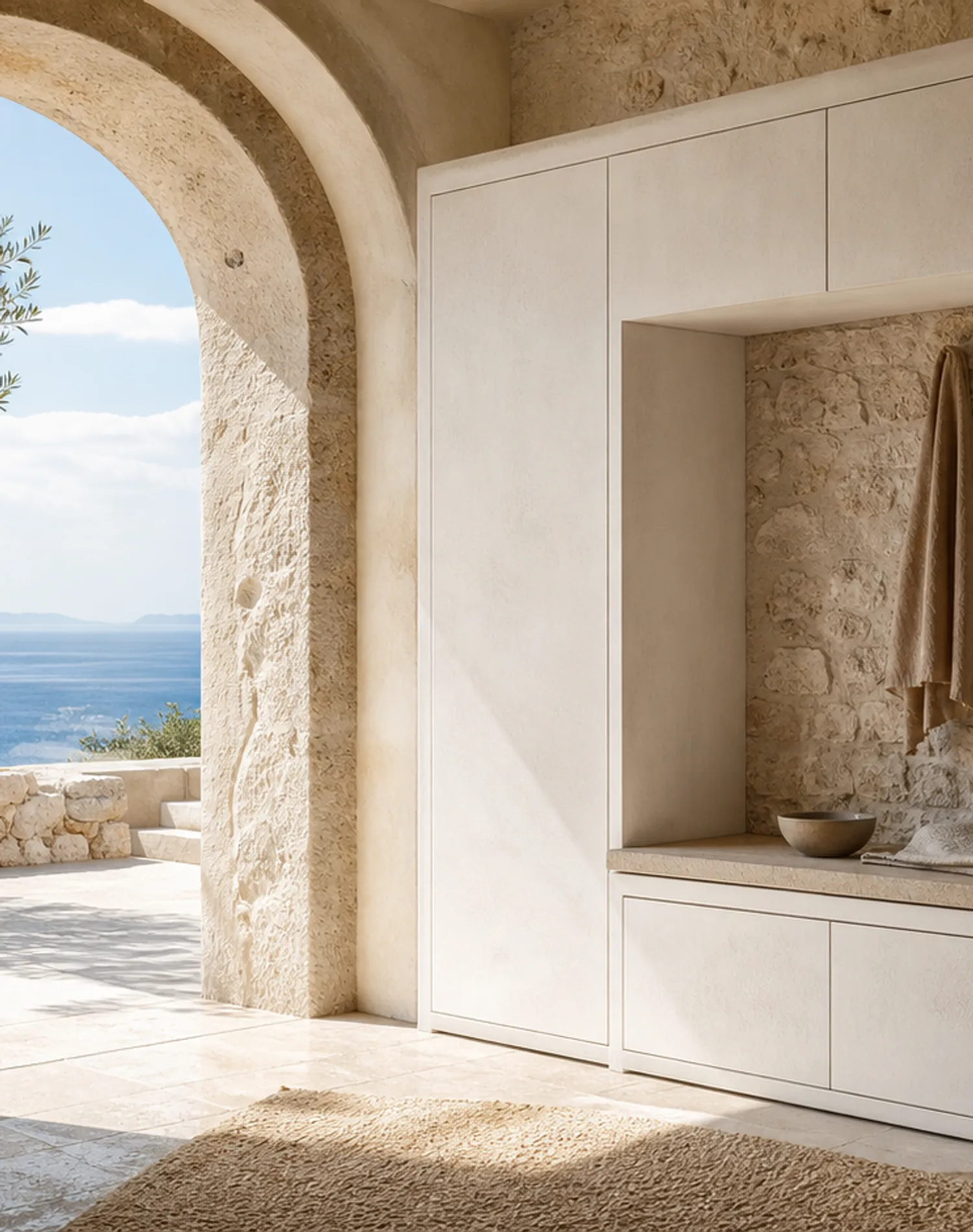 Suite de Entrada Loggia con Banco Travertine Keydrop estudio de adaptación