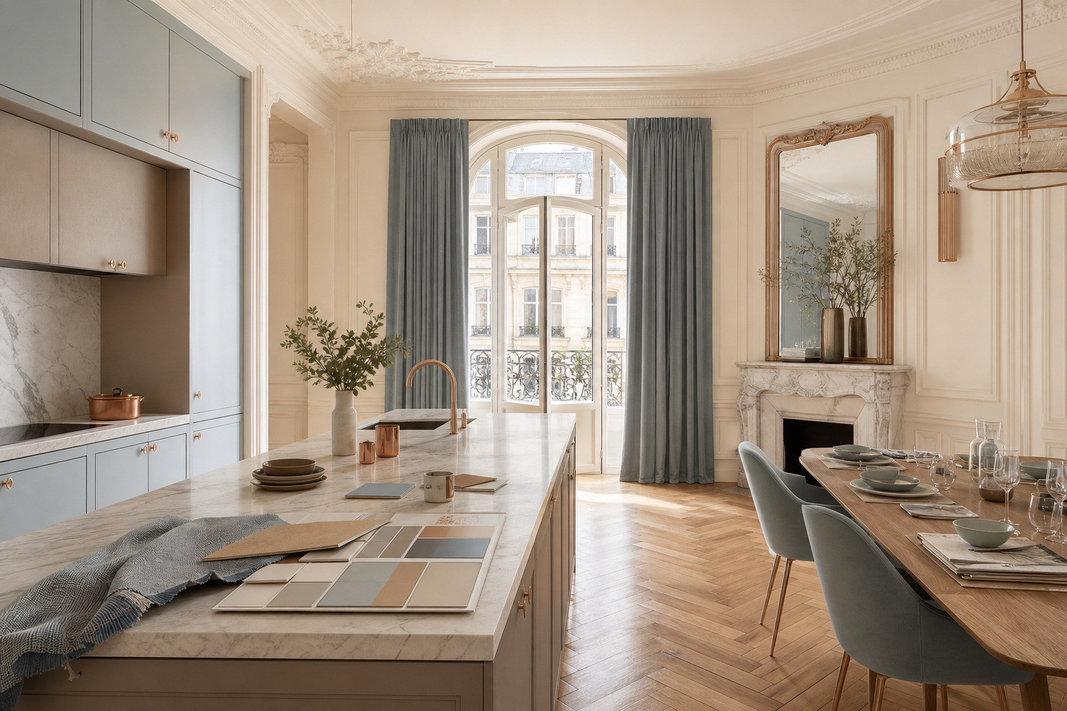Light-filled Paris dining kitchen set for family use with finish samples on the island.