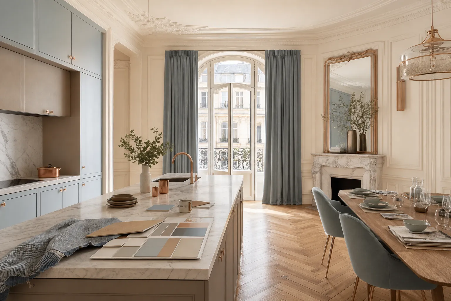Light-filled Paris dining kitchen set for family use with finish samples on the island.