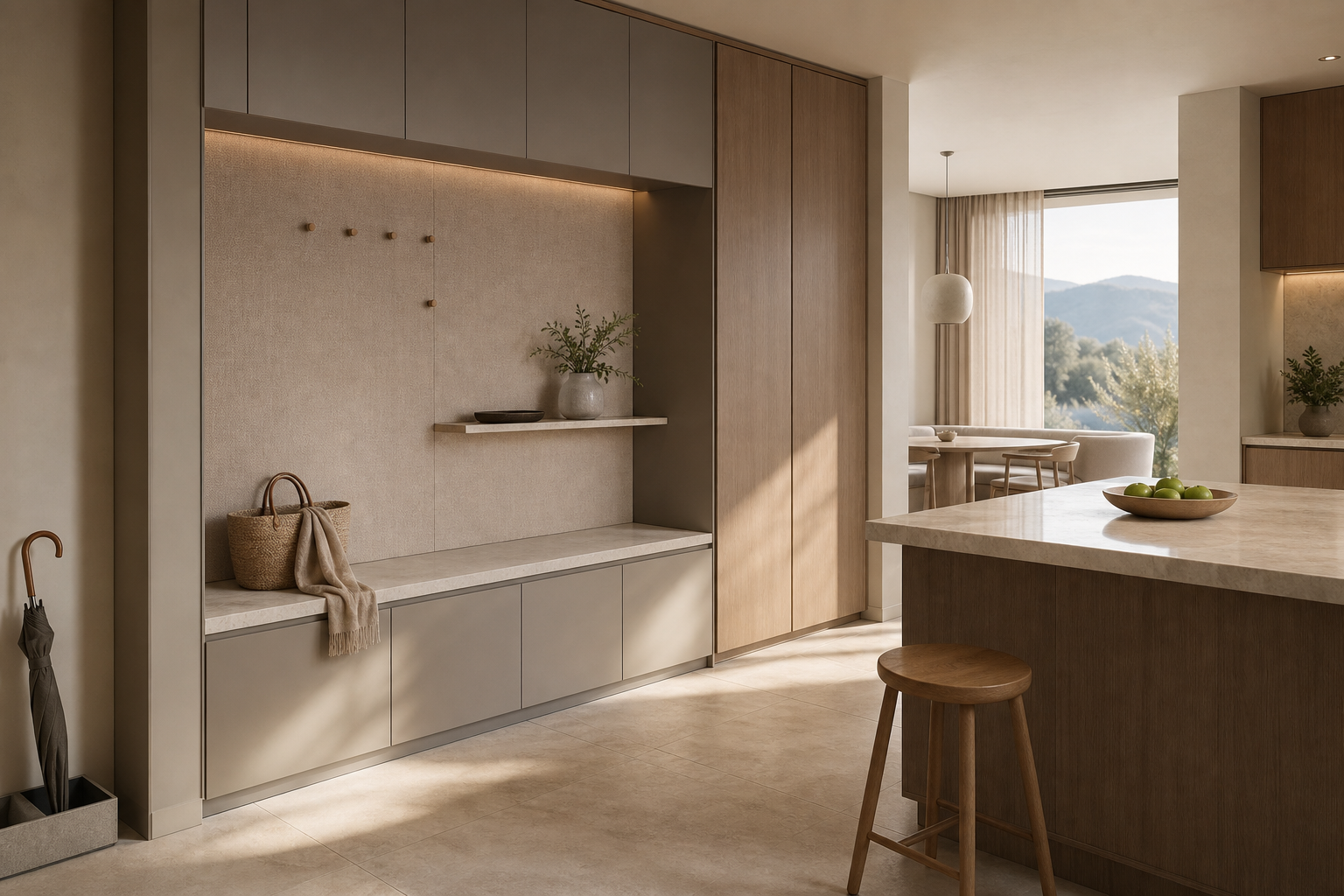 Fadior Ecliptic Entryway Suite with Linen Pinboard Keydrop Bench — lifestyle setting with natural light and residential styling