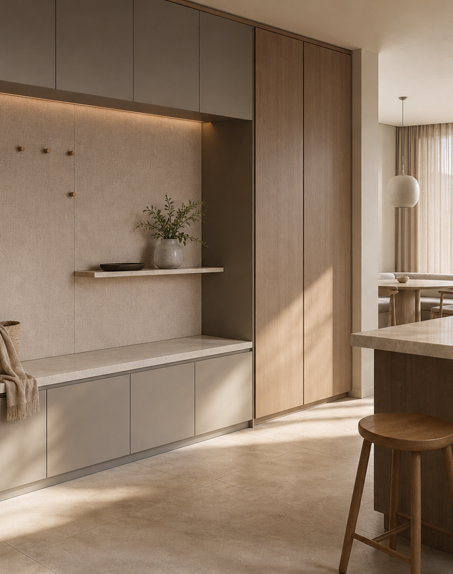 Fadior Ecliptic Entryway Suite with Linen Pinboard Keydrop Bench — lifestyle setting with natural light and residential styling