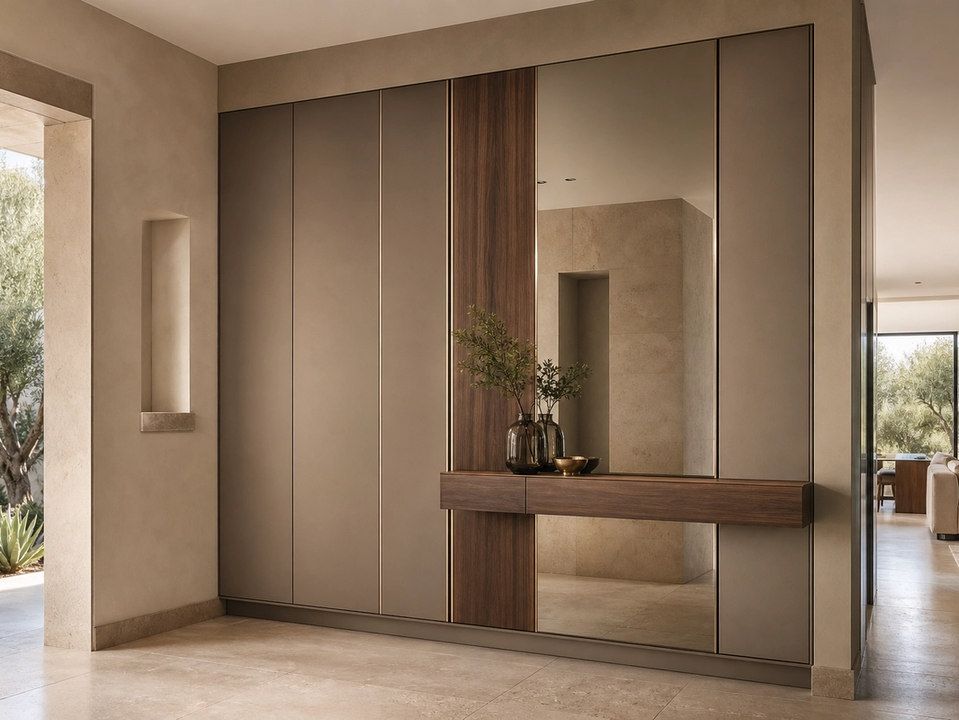 Fadior Loggia Entryway Suite with Gallery Arrival Wall — 304 stainless steel entryway system, front view