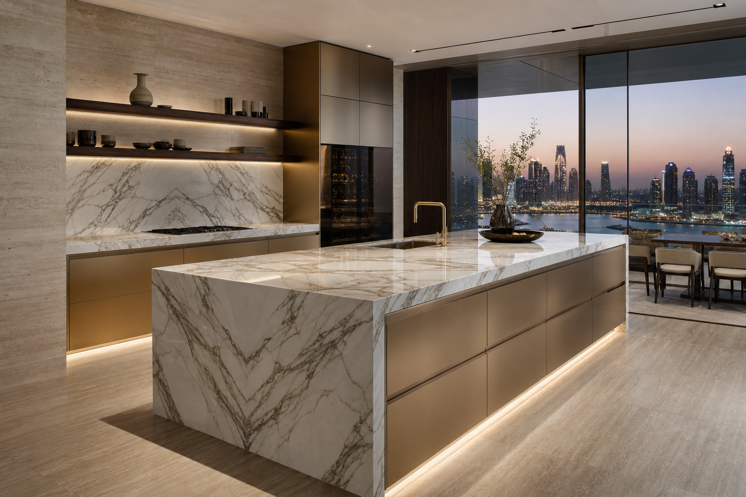 Fadior Dubai 280 sqm Kitchen Penthouse — Zaha — marble island, champagne panels, smoked walnut shelf, travertine floor,